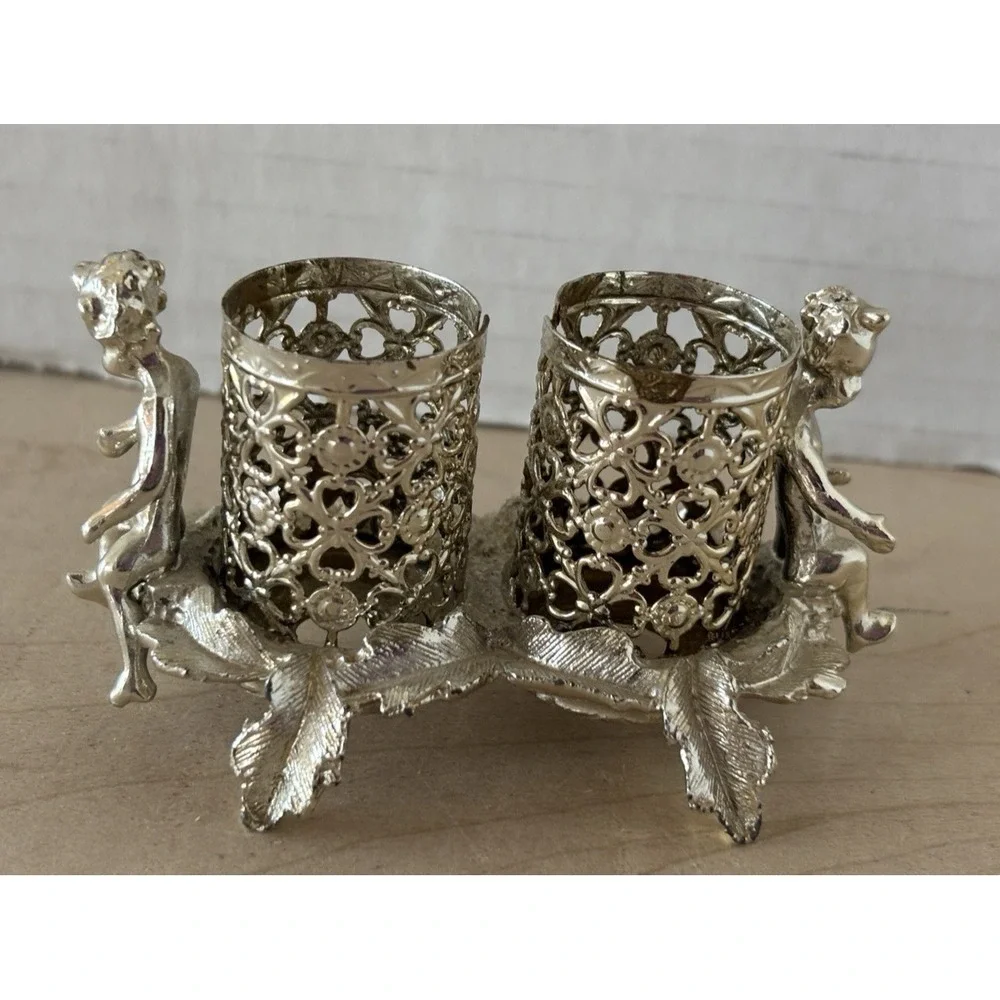 Vtg Sam Fink Lipstick Holder Hollywood Regency Double Cherub Silvertone Filigree
